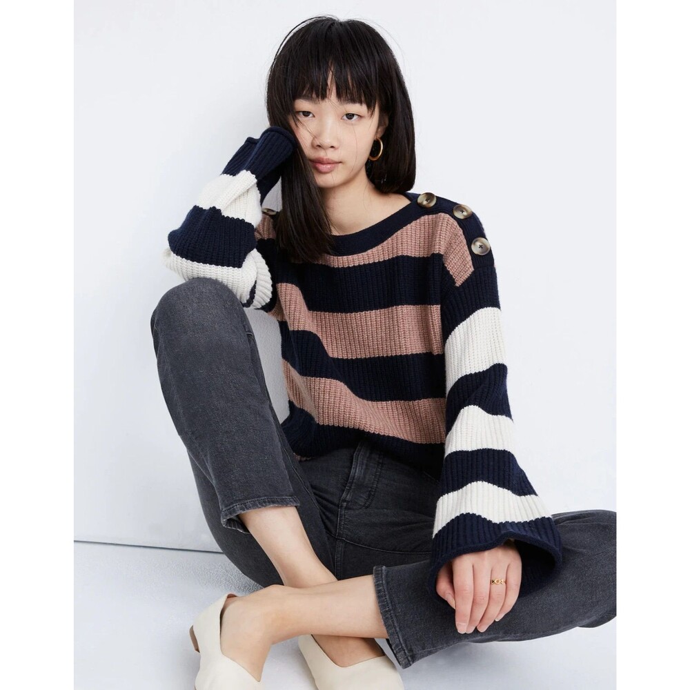 MADEWELL Calloway Boatneck Pullover Sweater S Striped Merino Wool Boxy EUC B71